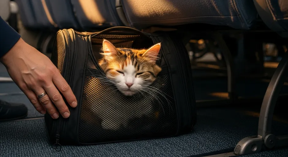 A cat resting in a soft mesh airline carrier under an airplane seat