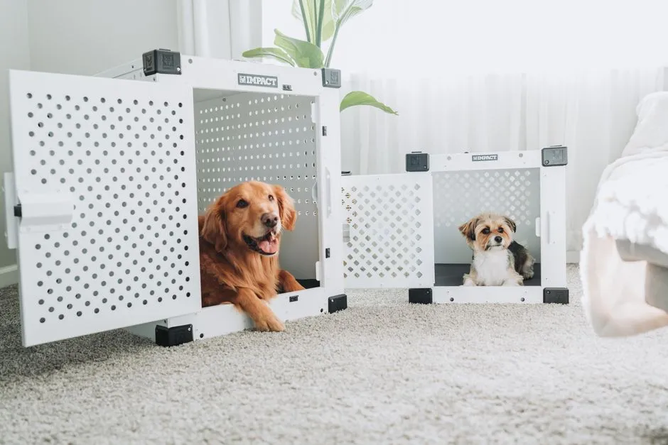 A golden retriever and a small dog resting comfortably in dog crates in a cozy room